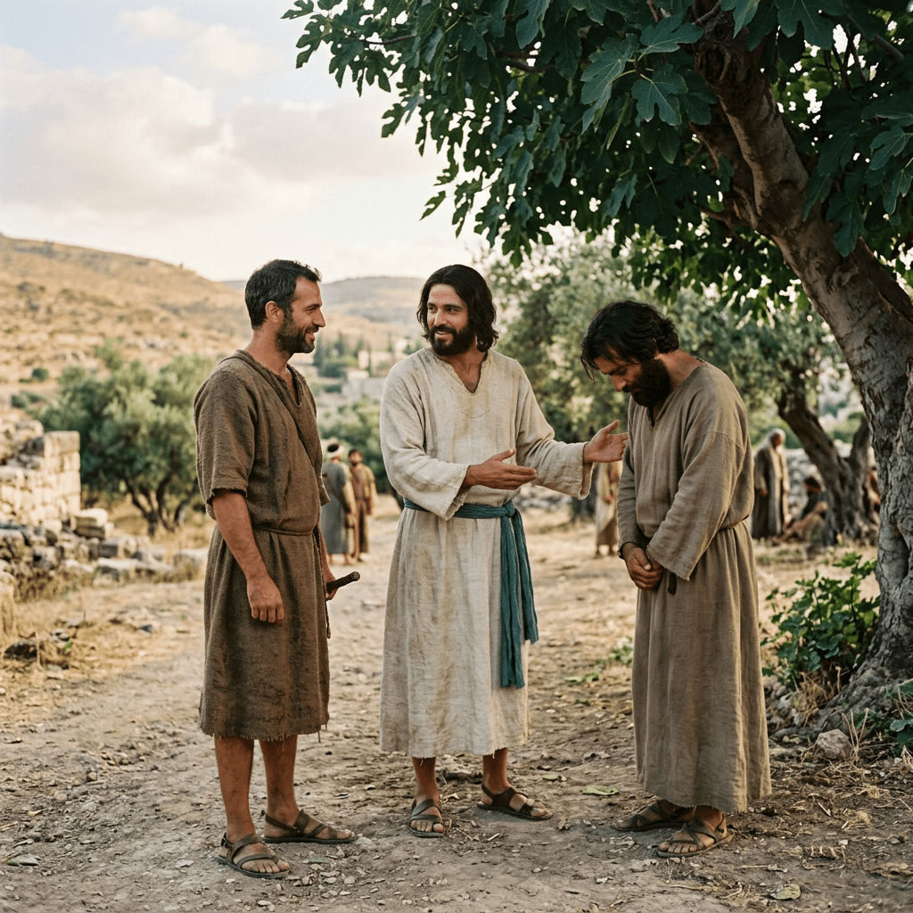 Three men in simple biblical robes talking under a tree outdoors